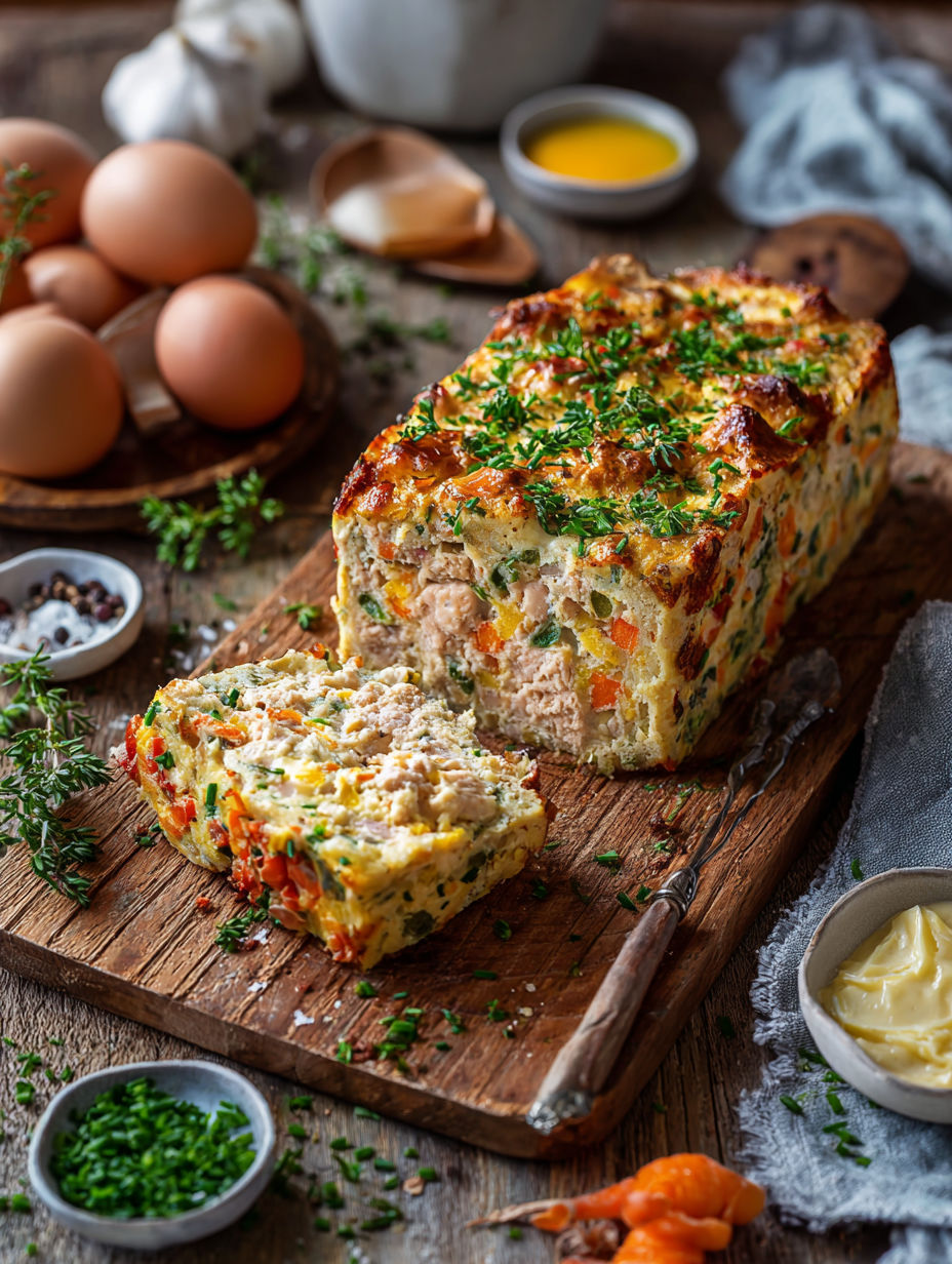 Un cake aux carottes servi sur une table avec des œufs et des herbes.