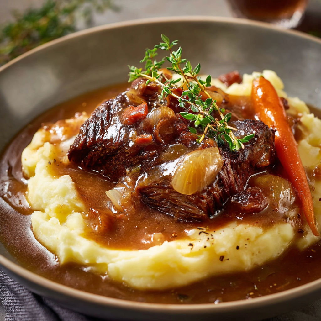 Un plat de bœuf accompagné de pommes de terre et carottes sur un plateau.