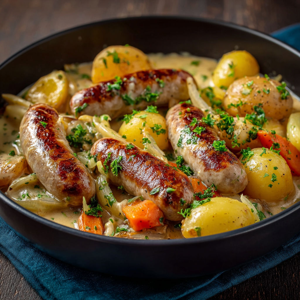 Un plat de saucisses aux légumes moelleux dans un bol noir, sur une table.