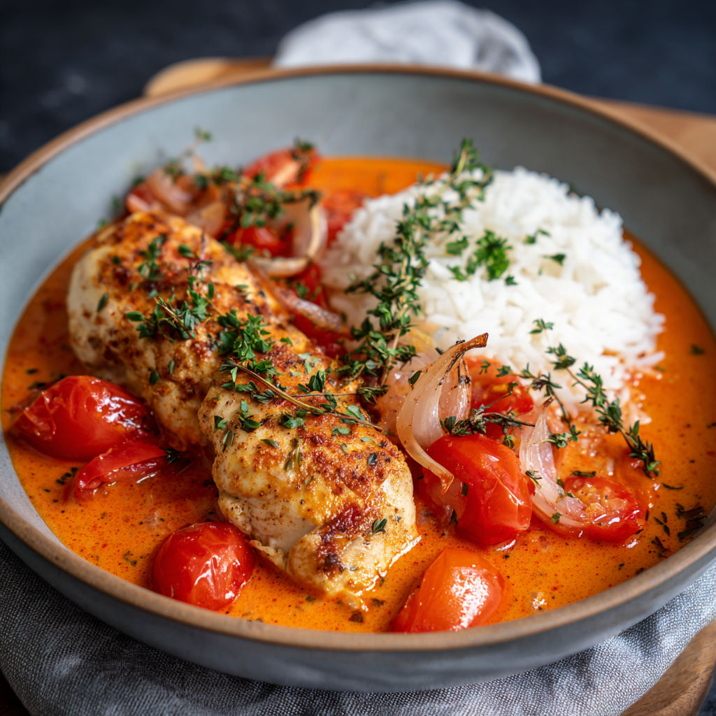 Un plat de Filets de Poulet à la Crème de Tomate, avec des légumes et des herbes pour accompagner.