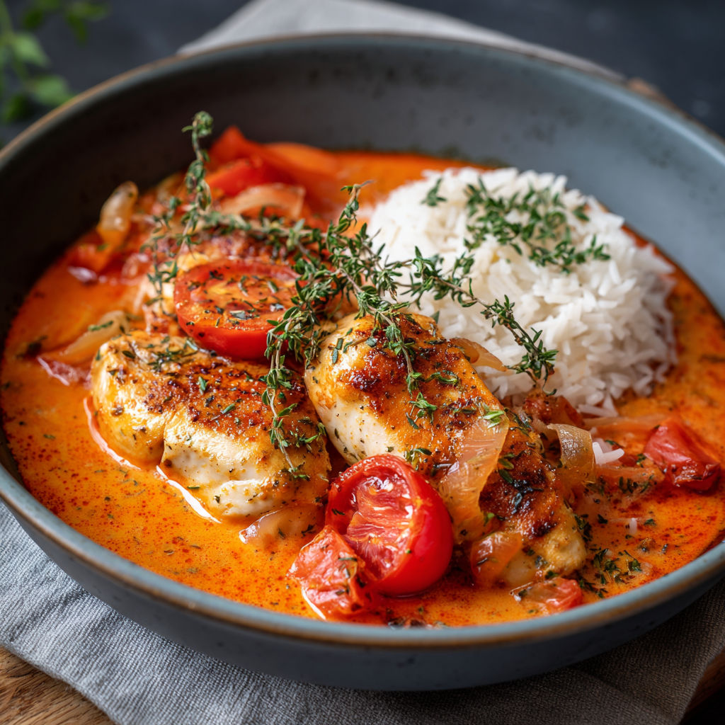 Un plat de poulet et de tomates avec des herbes et des riz.