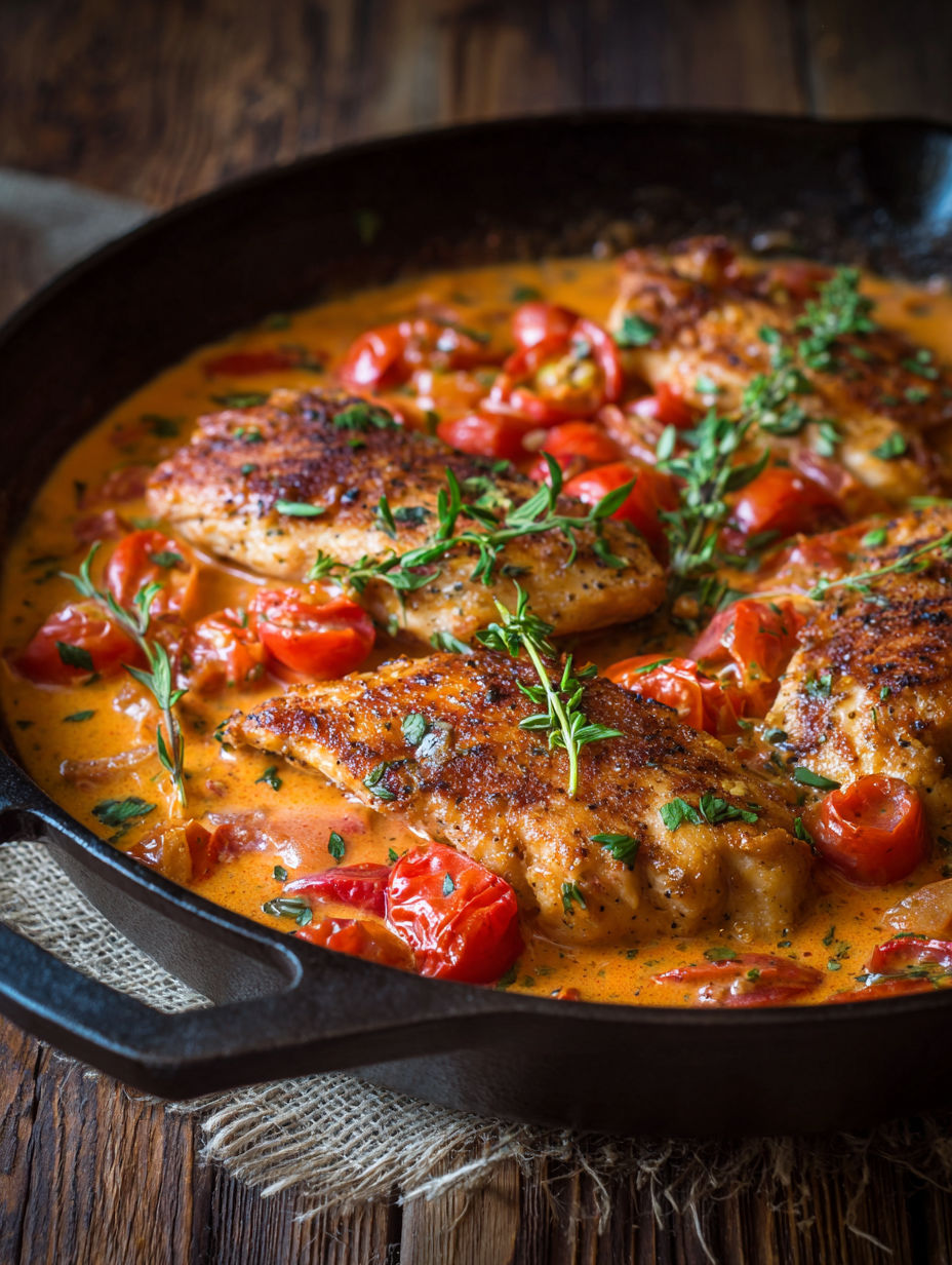 Un délicieux plat de poulet grillé avec des tomates et des herbes, servit dans un bol en fonte.