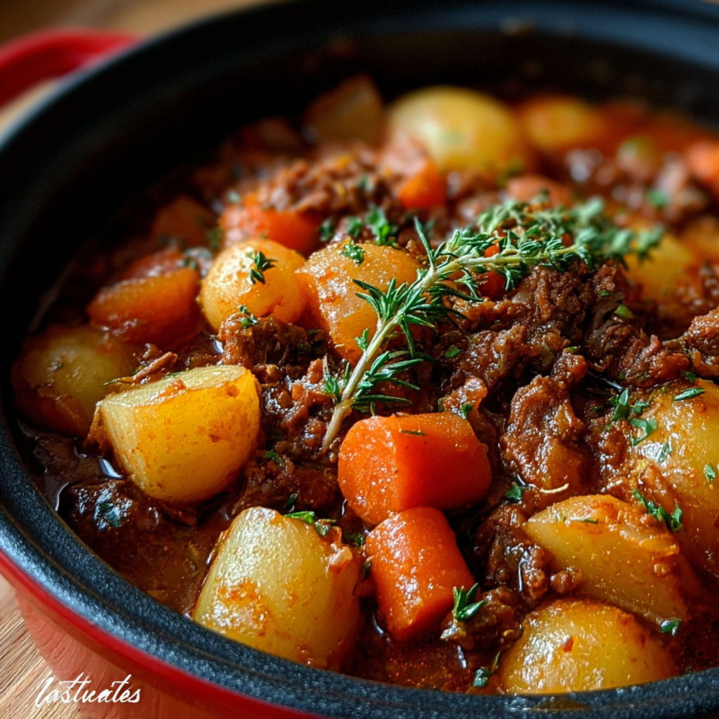 Un pot de bouillon de boeuf avec des carottes et des herbes.