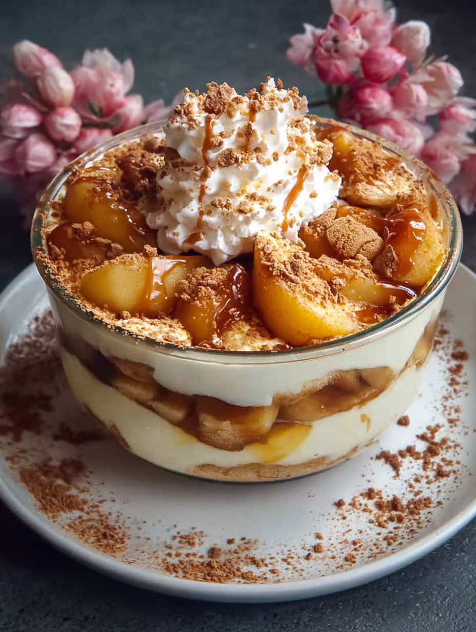 Une tarte aux pommes et croutons de marron, garnie de crème fouettée et de poudre de sucre, est servie dans un bol ovale.