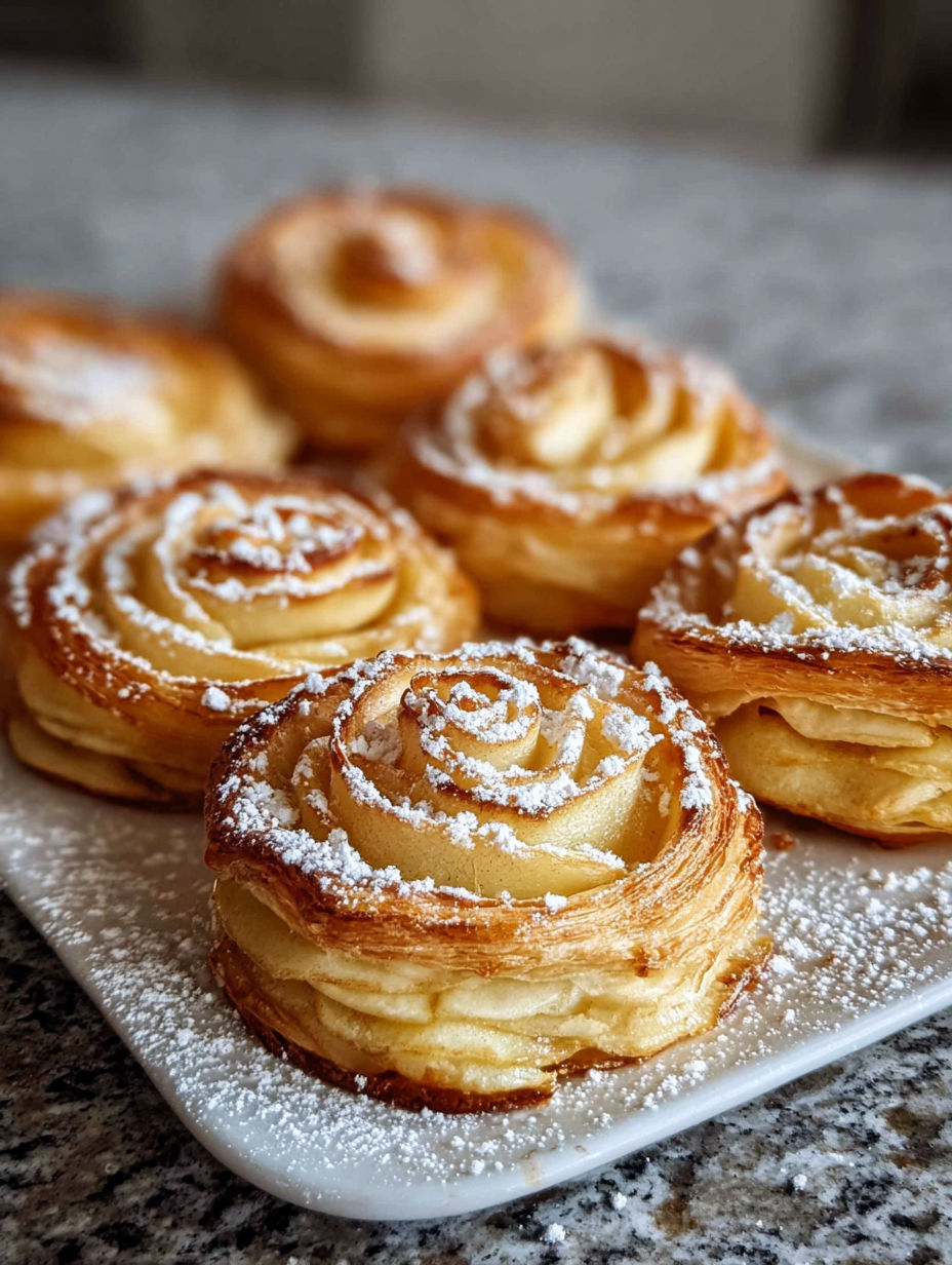 Une délicieuse tarte aux pommes recouverte de sucre glace, accompagnée de crêpes et de crêpes sucrées.