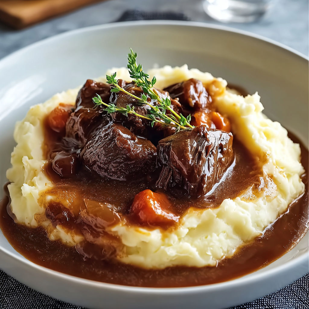 Une assiette de purée maison accompagne des morceaux de boeuf braisé en une sauce savoureuse.