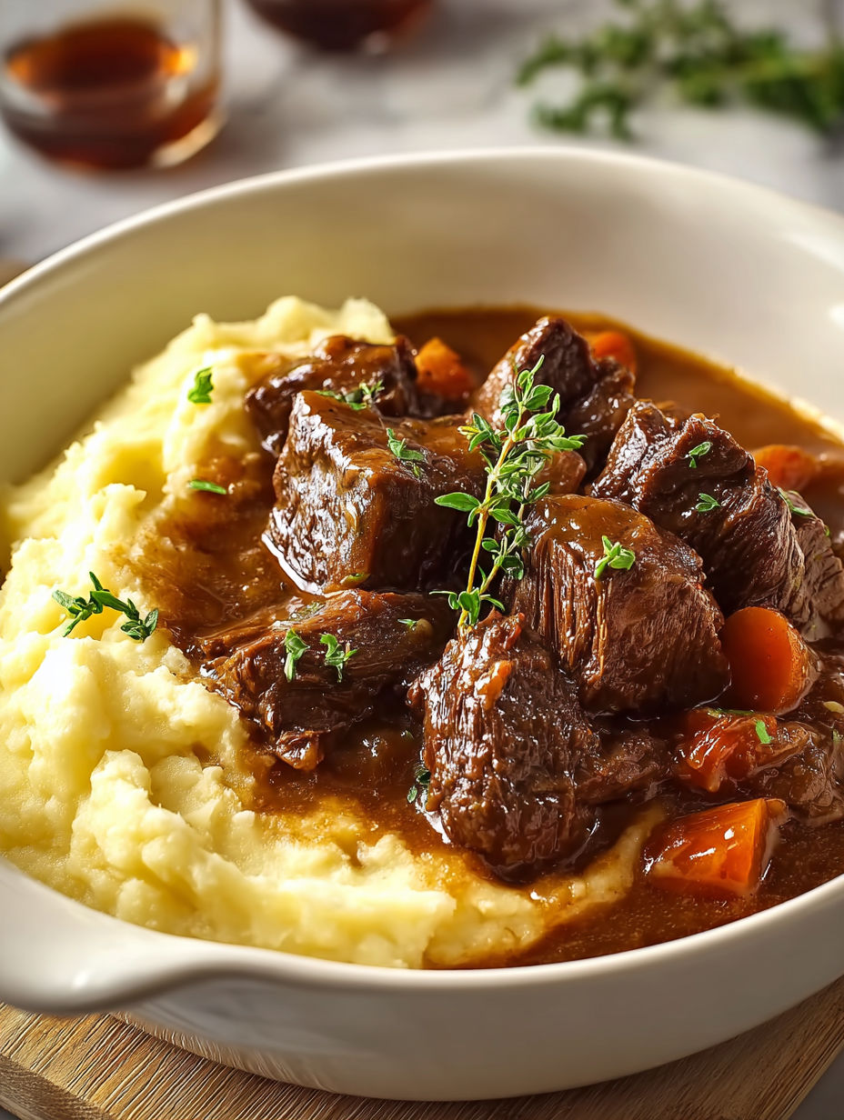 Une assiette de boeuf braisé en sauce avec purée maison.
