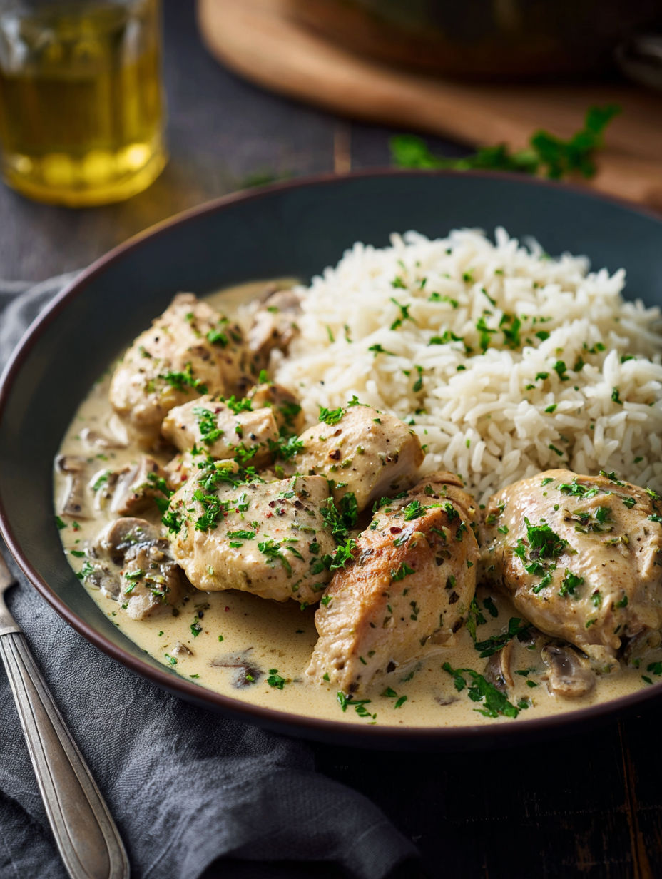 Le Poulet Crémeux et Riz Fondant est un plat de riz et de poulet sauceux et crémeux, accompagné de herbes fraîches.