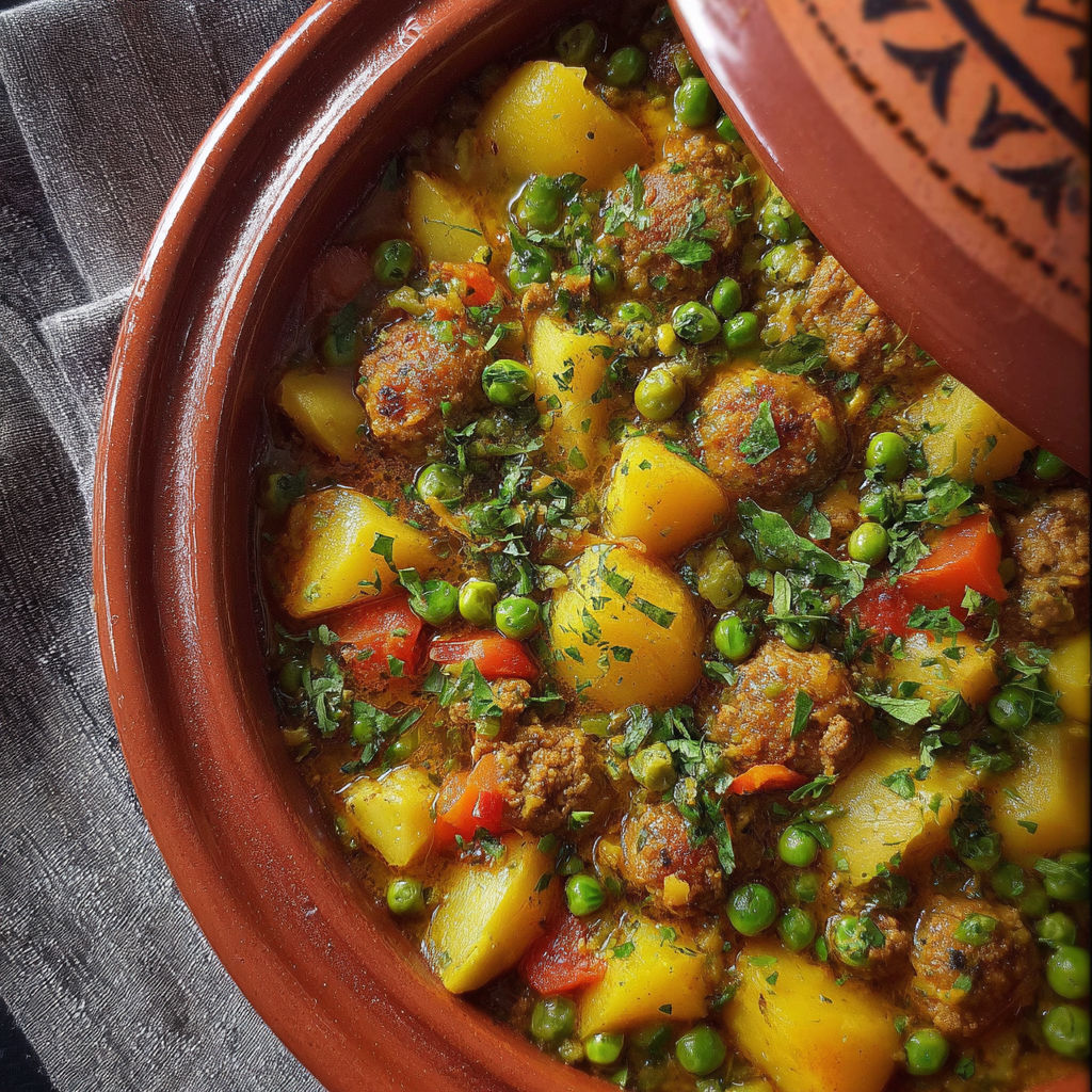 Une tasse de Tajine de viande hachée, petits pois et pommes de terre, servie sur une table.
