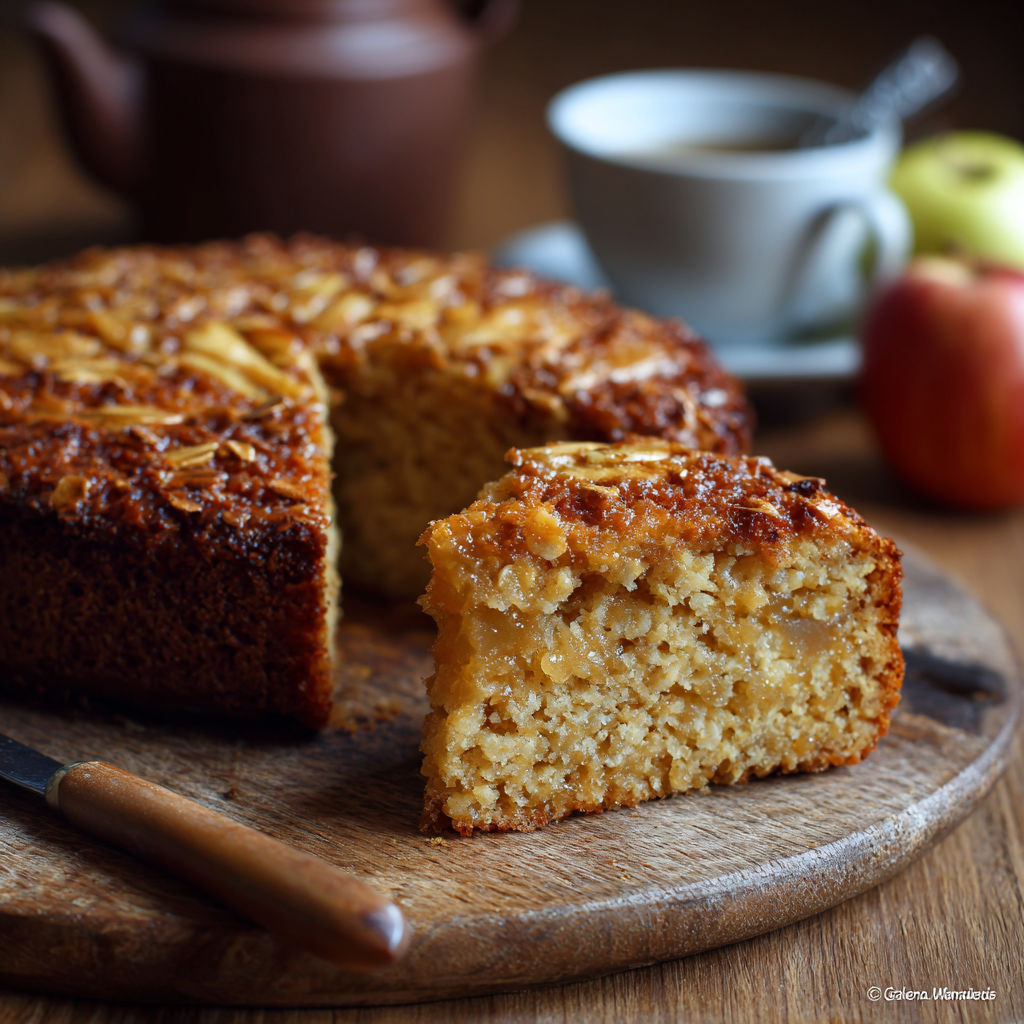 Une tranche de gâteau léger à l'avoine et compote de pomme sur une table.