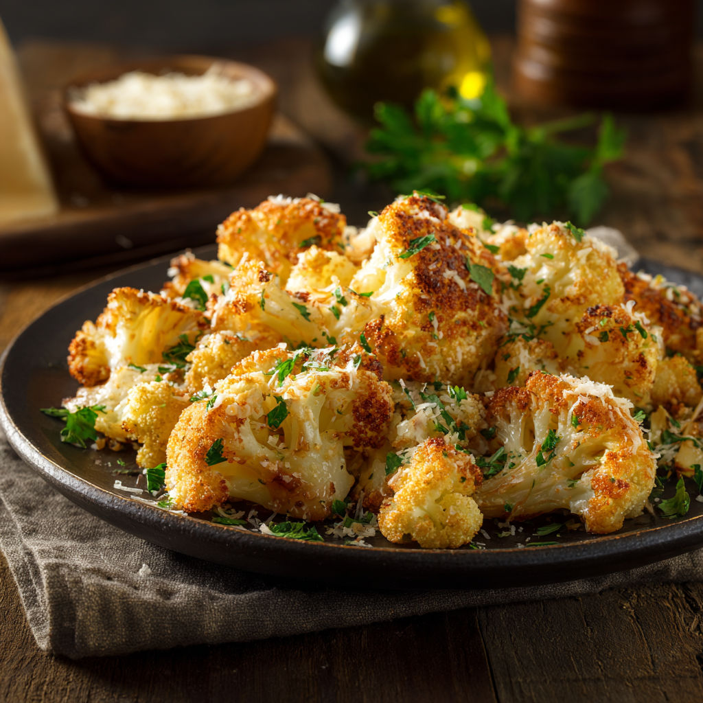 Une assiette de chou-fleur croquant au Parmesan, avec des herbes et des épices, est servie sur une table.