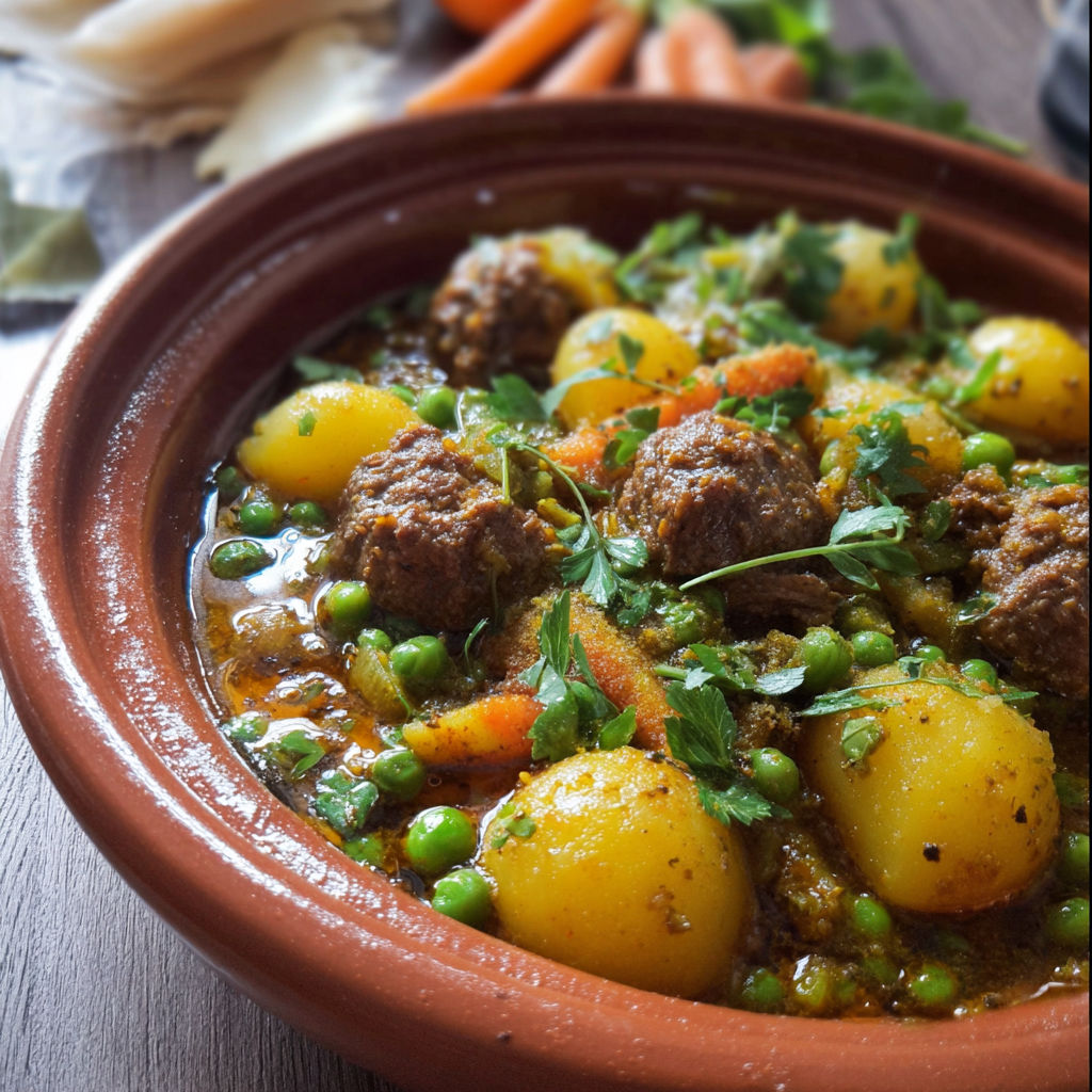 Une tasse de Tajine de viande hachée, petits pois et pommes de terre.