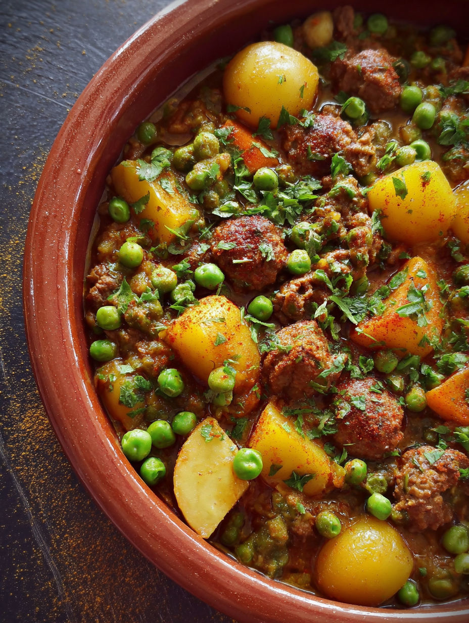 Une recette de casserole avec des pommes, des pois et des lardons.