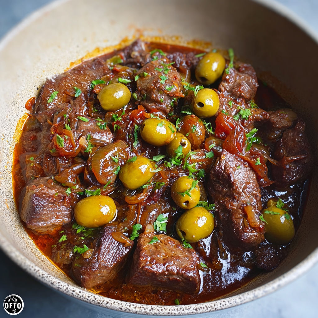 Une recette de steak avec des olives et des épices dans un bol.