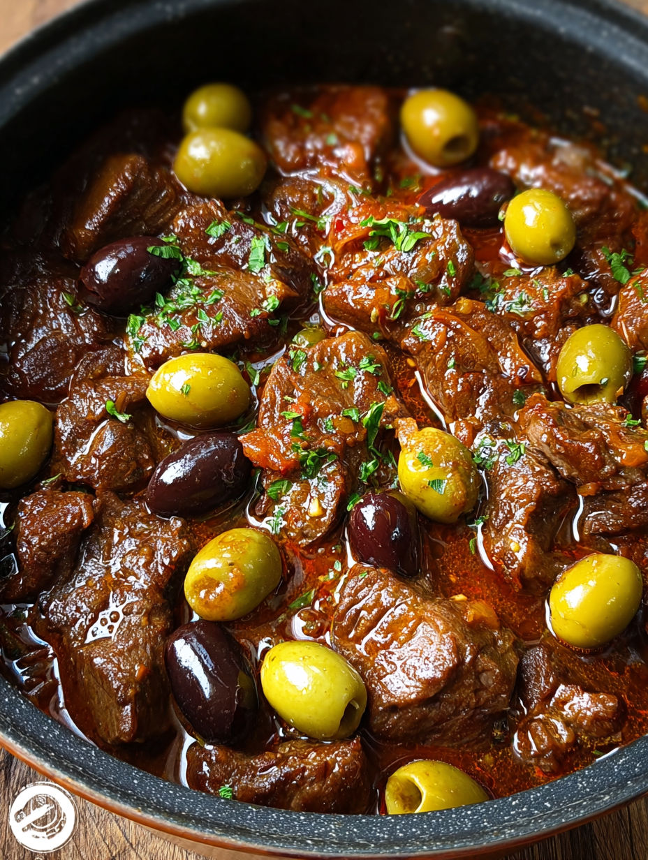 Boeuf à la sauce tomate avec des olives et des épinards" - Une recette de boeuf avec des olives et des épinards dans une sauce tomate.