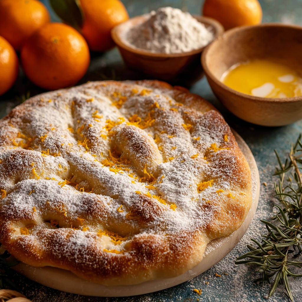 Une pâte de pizza avec des oranges et des épices, prête à être cuite.