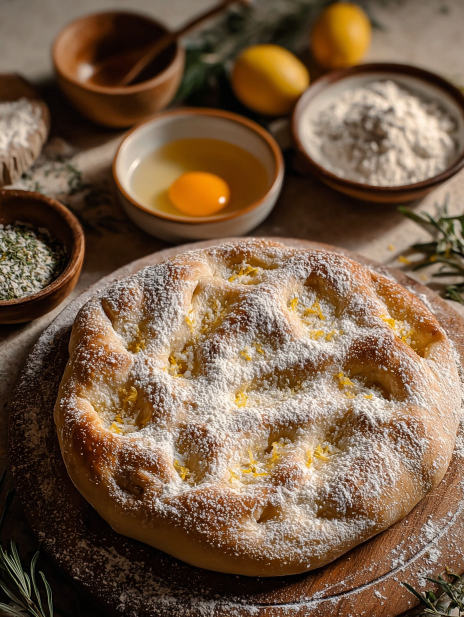 Une pâte à pizza faite maison, avec des ingrédients tels que des œufs, du lait, du sel et du sucre, est servie sur une plaque de bois.
