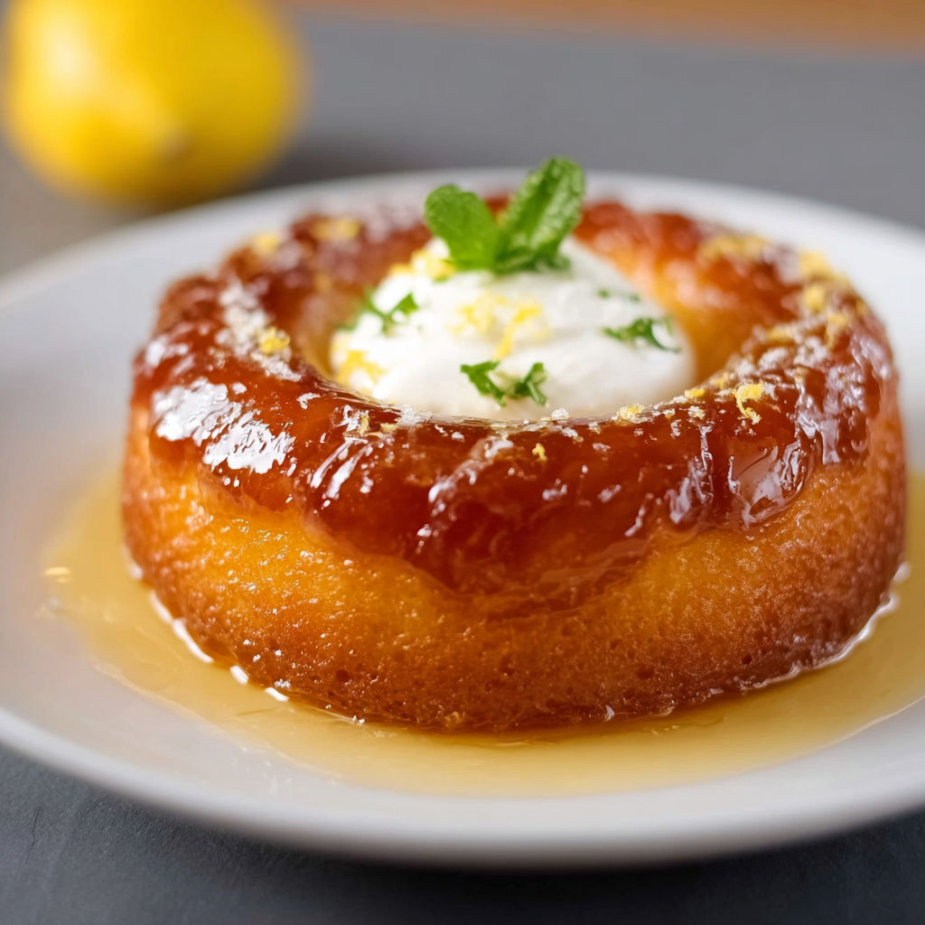 Une tarte aux fruits et crème, garnie de menthe et de citron, est servie sur un plateau.