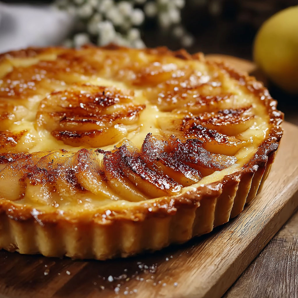 Une tarte aux pommes chaude et croustillante, avec une garniture de fleurs de cerisier, est servie sur un plateau de bois.
