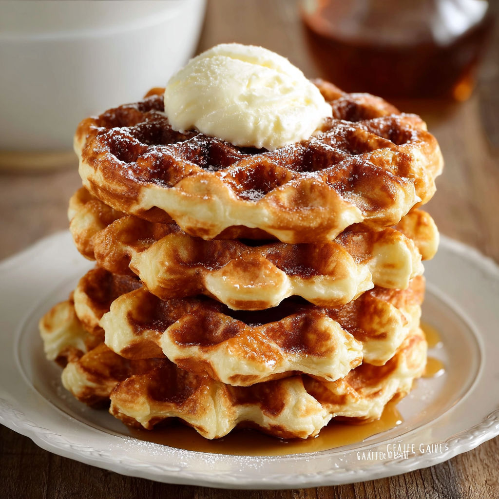 Une tasse de waffles sucrées, garnies de crème chantilly, est servie sur un plateau.