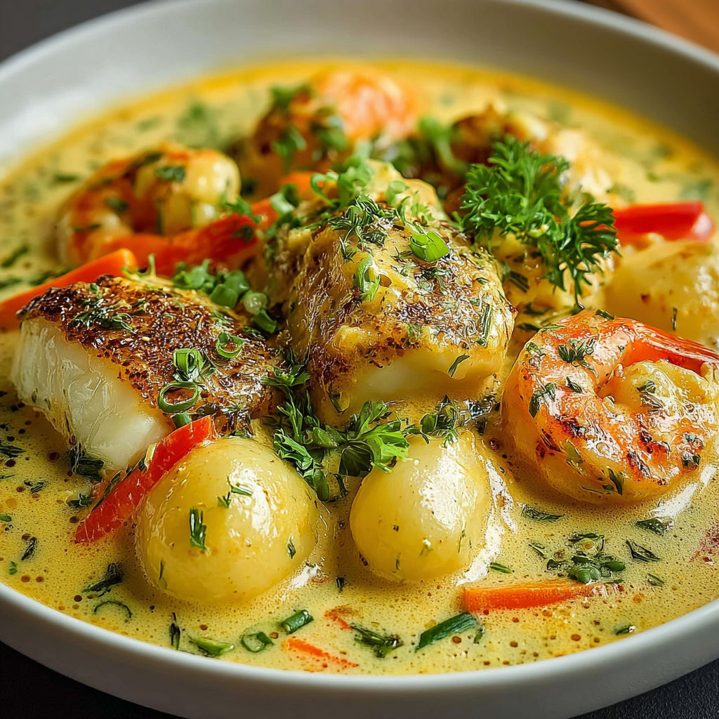 Plate of food with a white bowl containing shrimp, potatoes, and carrots, all covered in a creamy sauce.