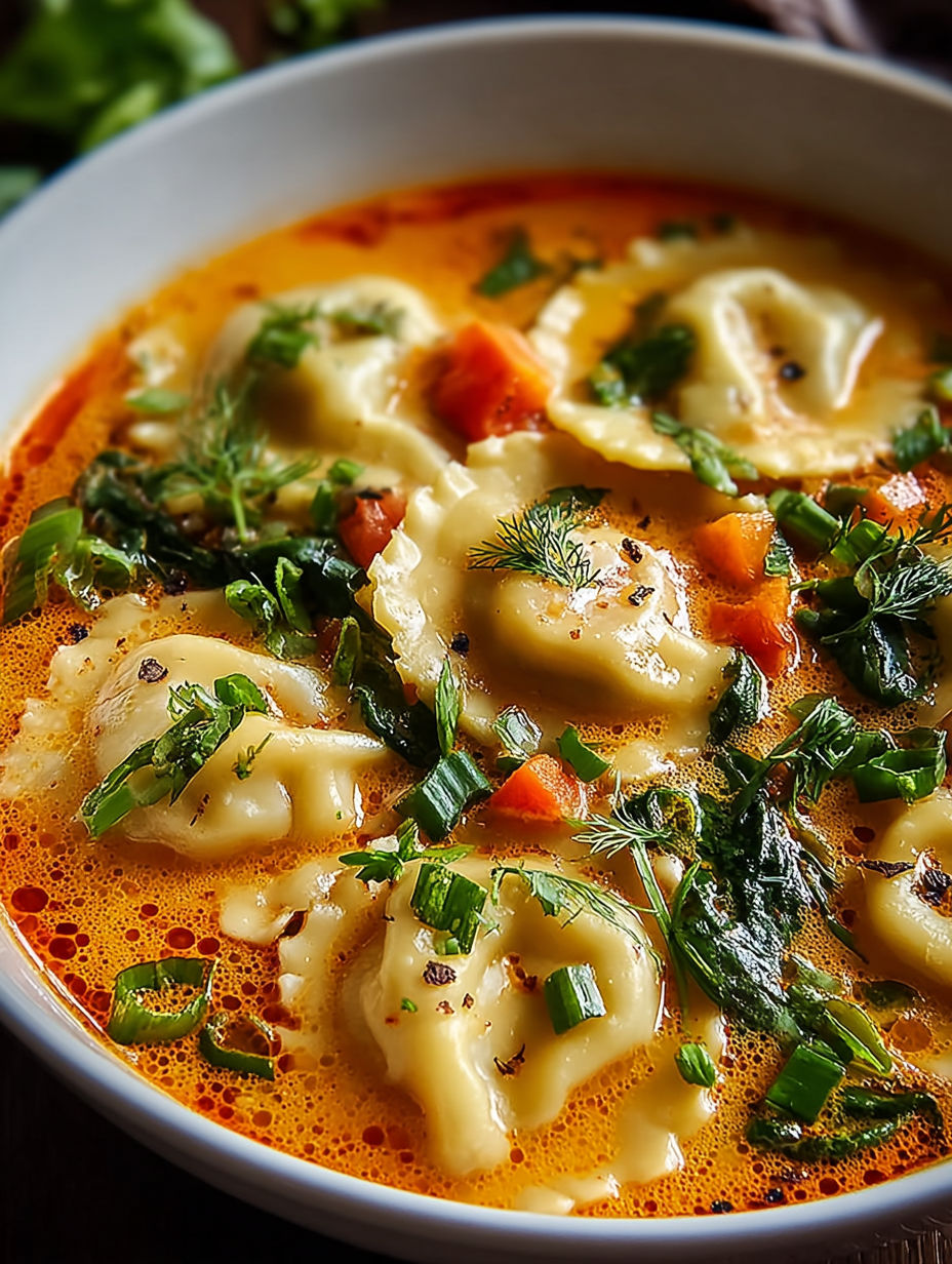 Une soupe thaï réconfortante aux raviolis, avec des légumes verts et des carottes, est servie dans un bol.