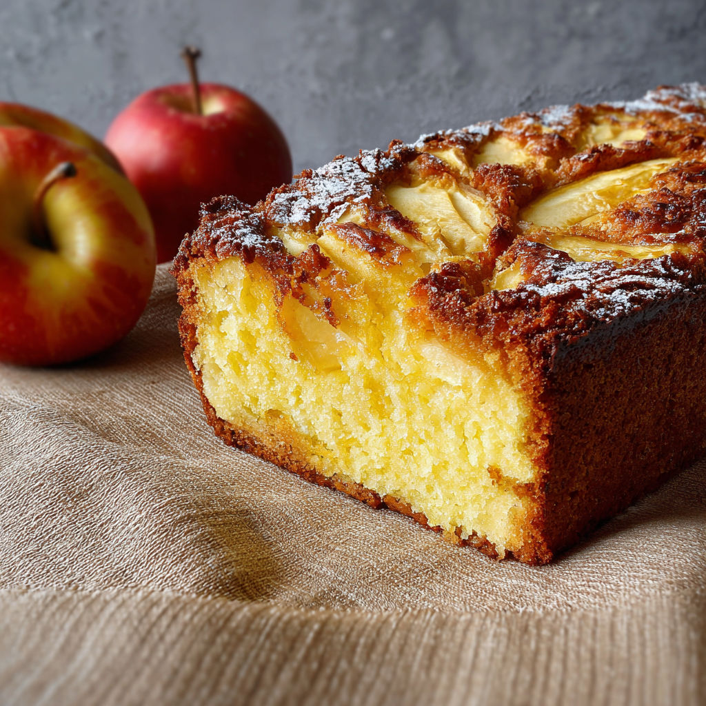 Une tarte aux fruits et au beurre, servie sur un plateau de bois, avec une pomme et une poire à proximité.