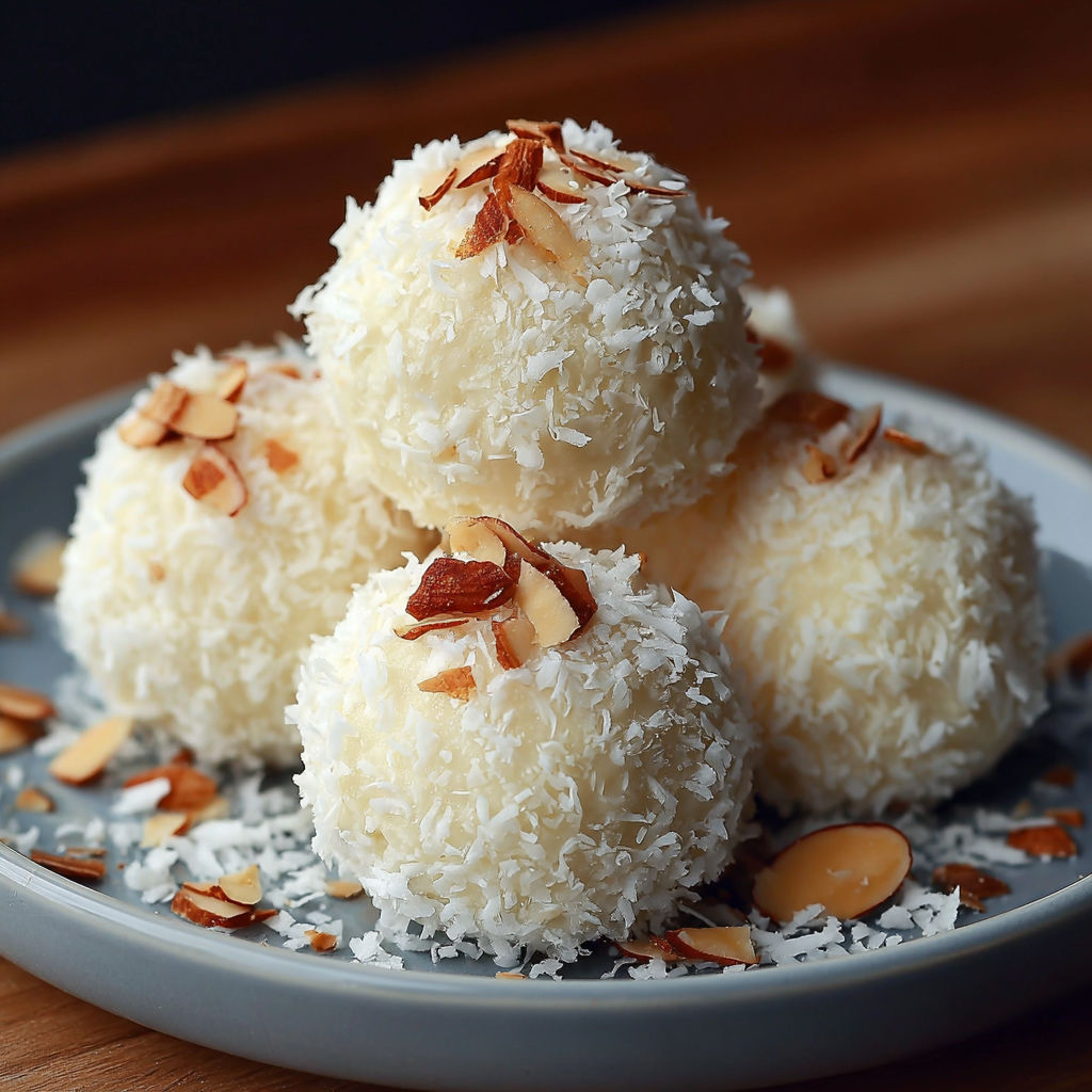 Unsweetened coconut balls on a plate, ready to be used in a recipe.