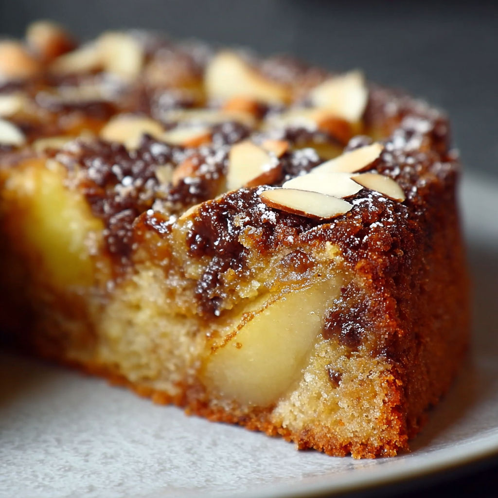 Une tarte aux pêches et noix, garnie de noix et de sucre, est servie sur un plateau.
