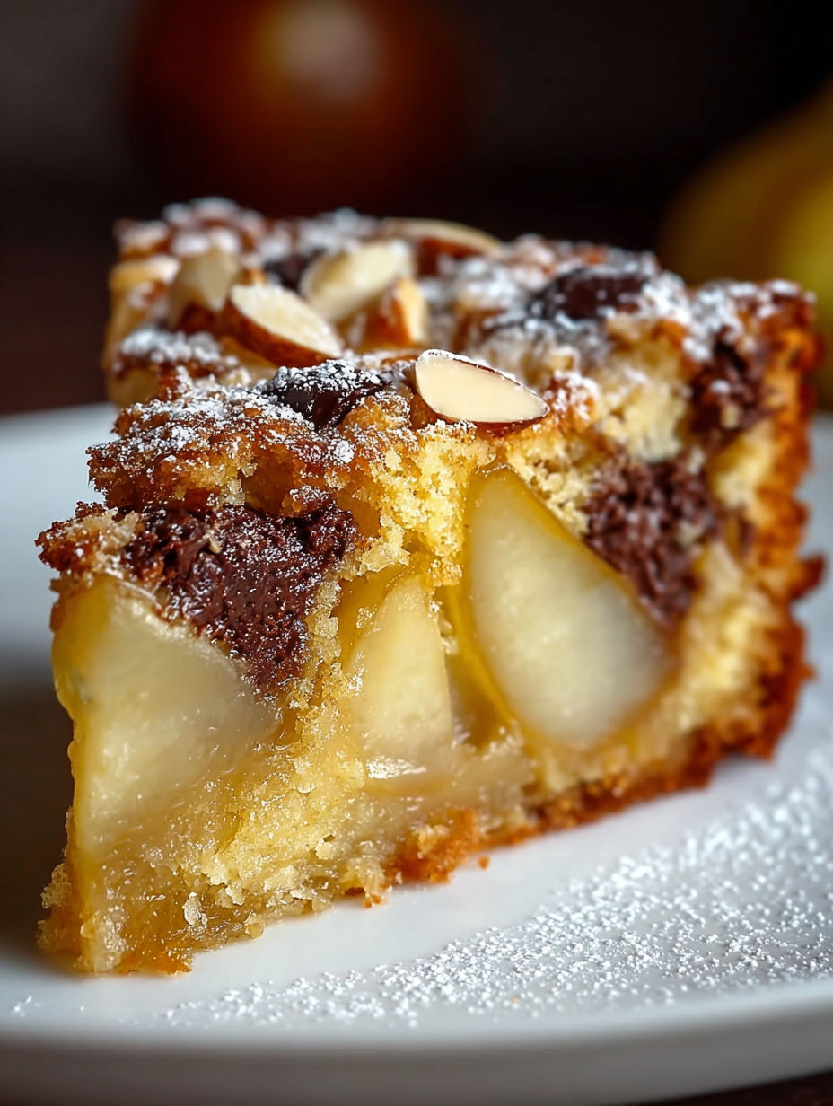 Une tarte aux pommes et noix, avec une couche de sucre et de graines de noix, est servie sur un plateau.