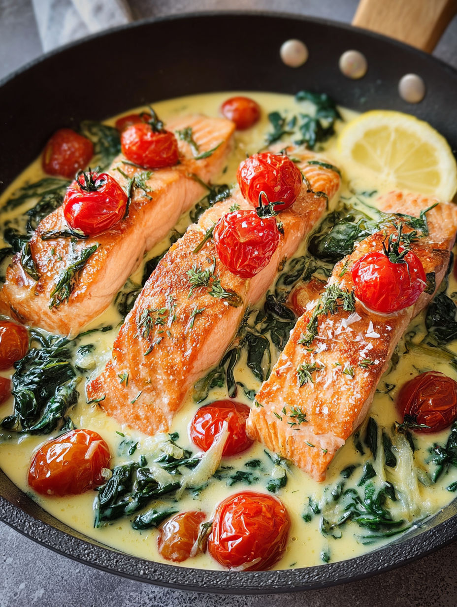 Salade de saumon avec des tomates et des épinards dans une poêle.