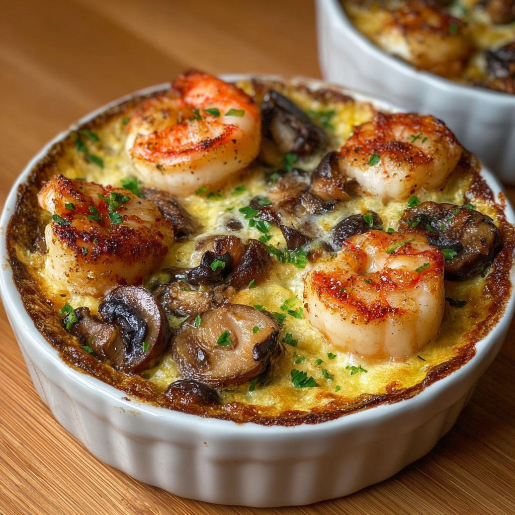 Une cassolette de Saint-Jacques, crevettes et champignons est servie sur un plateau de bois.