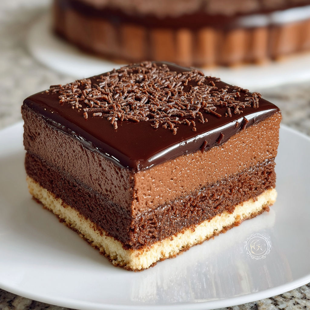 Une portion de gâteau crémeux chocolat sans cuisson au four, présentée sur un plateau.