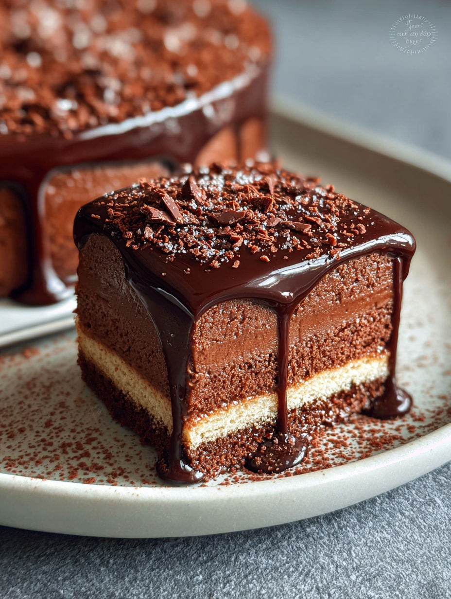 Une portion de gâteau crémeux chocolat sans cuisson au four, présentée sur un plateau.