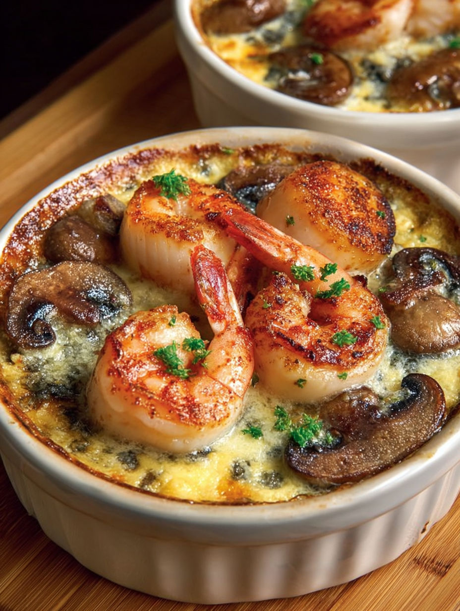Une casserole de Saint-Jacques, crevettes et champignons, servie dans un bol en bois.