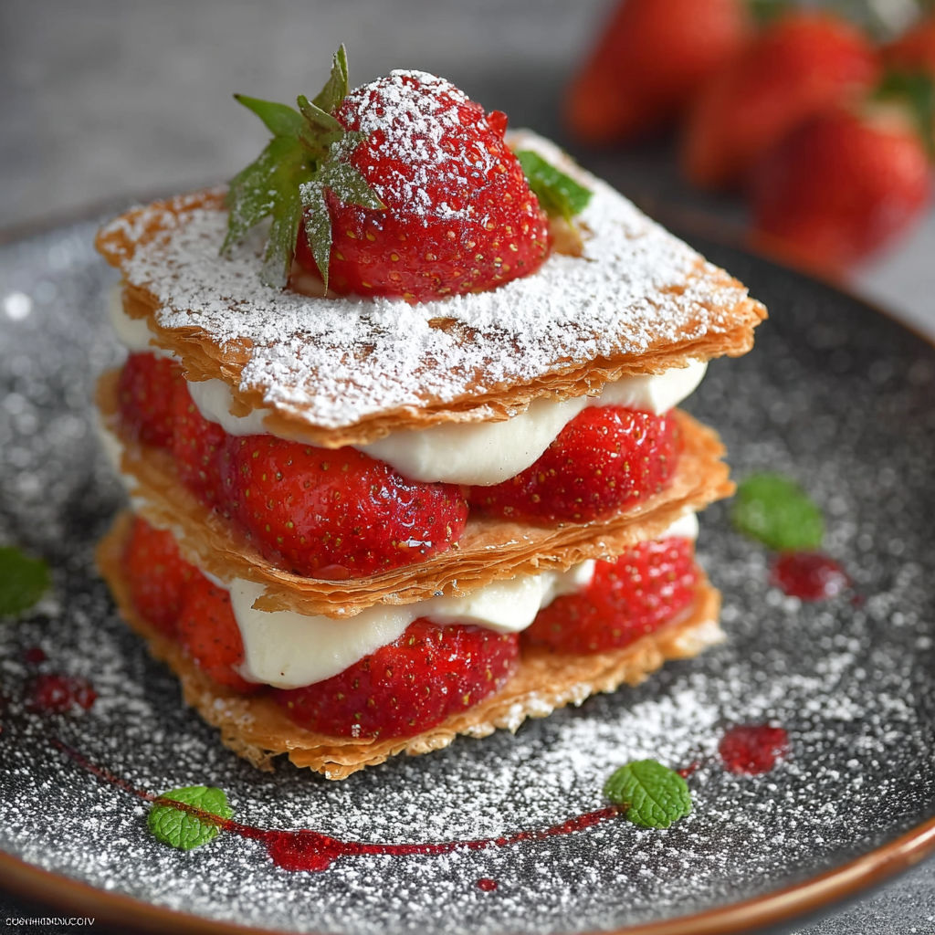 Une tarte aux fraises en forme de pyramide, recouverte de sucre et de crème fraiche, accompagnée de fraises fraîches sur le dessus.