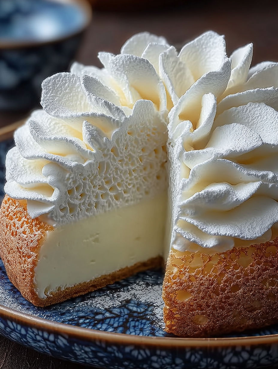 Une pièce de gâteau nuage japonais est servie sur un plateau avec des fleurs de lait.