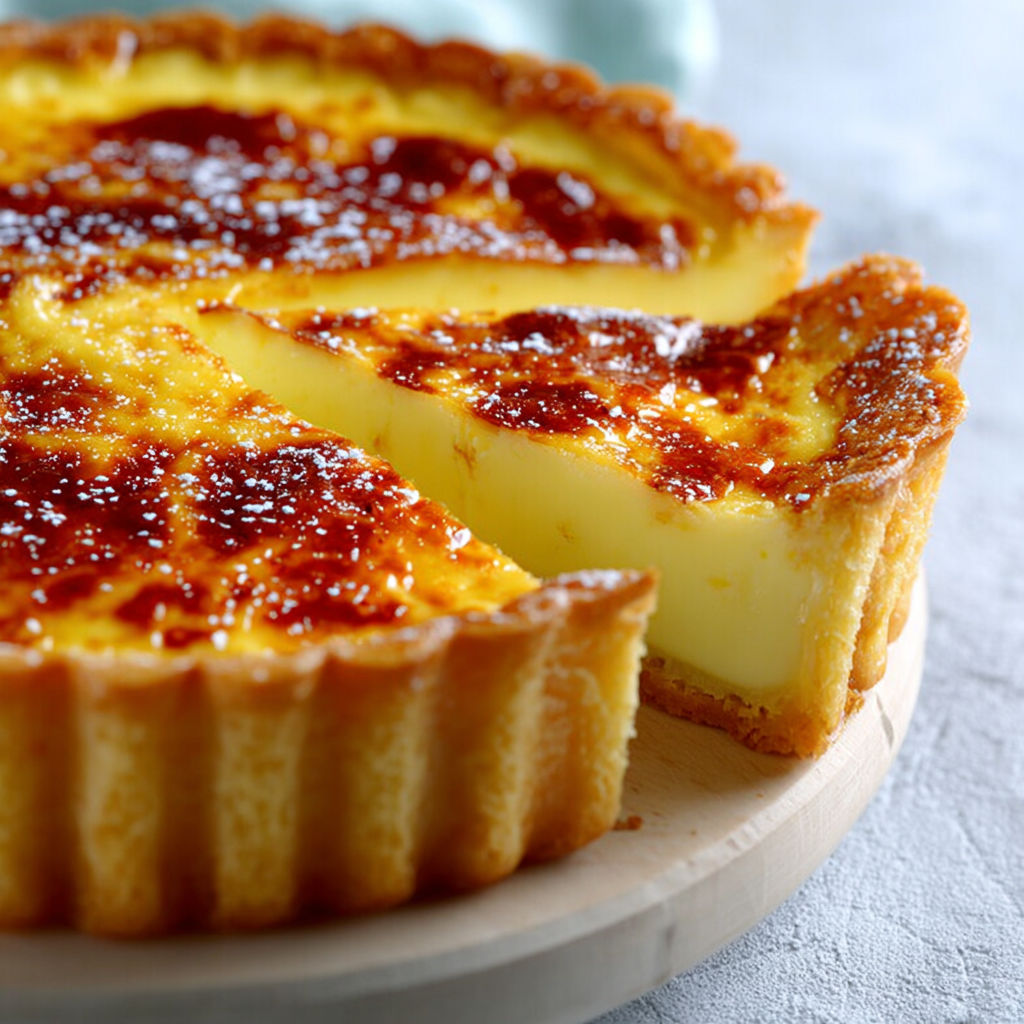 Une portion de flan parisien, délicieusement arrosée de caramel, est servie sur un plateau en bois.