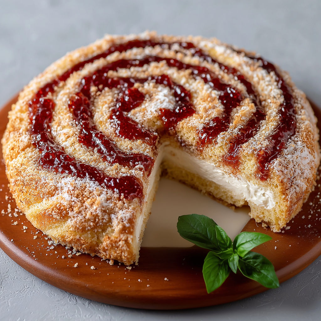 Une tarte aux fruits et crêpes, avec une garniture de menthe, est servie sur un plateau.