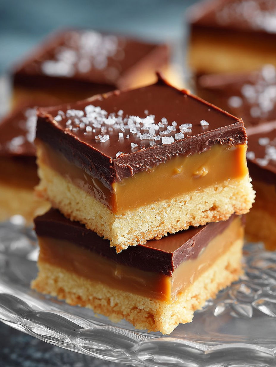 Une barre de Millionnaire Shortbread, garnie de sucre, est servie sur un plateau en argent.