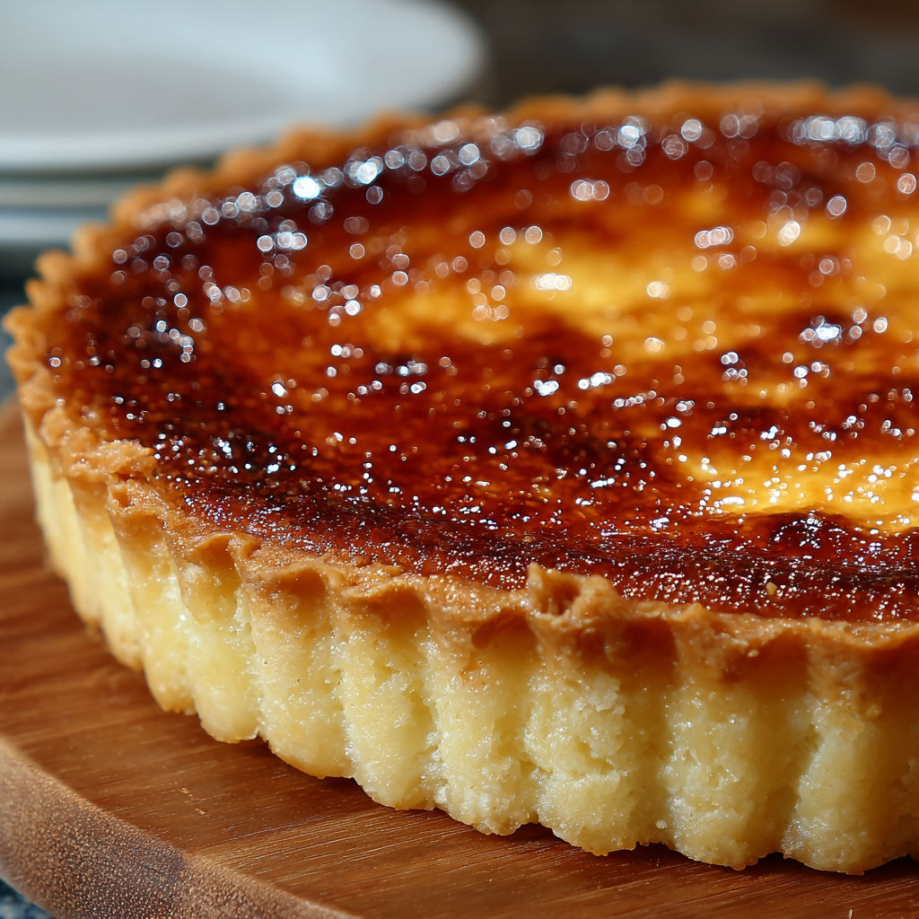 Une tarte aux pommes chaude, avec une cruste dorée, est servie sur une table.