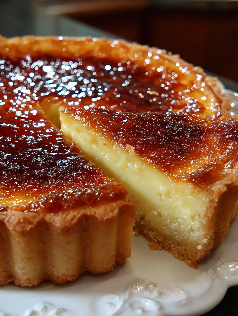 Une tarte aux fruits caramélisés, avec une part de gâteau au beurre et des fruits rouges, est servie sur un plateau.