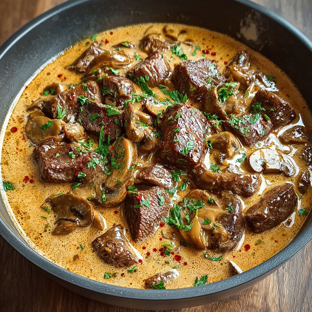 Un plat de bœuf Stroganoff à la Façon d'Alain Ducasse, avec des champignons et des herbes, est présenté dans un bol sur une table.