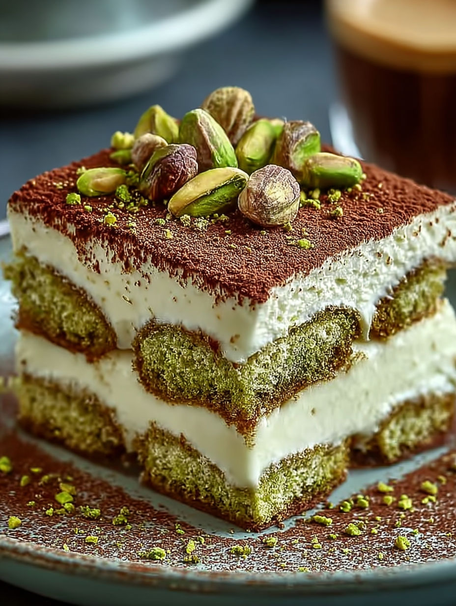 Un délicieux tiramisu à la pistache, composé de crème de lait, de pistaches et de café, est présenté sur un plateau.