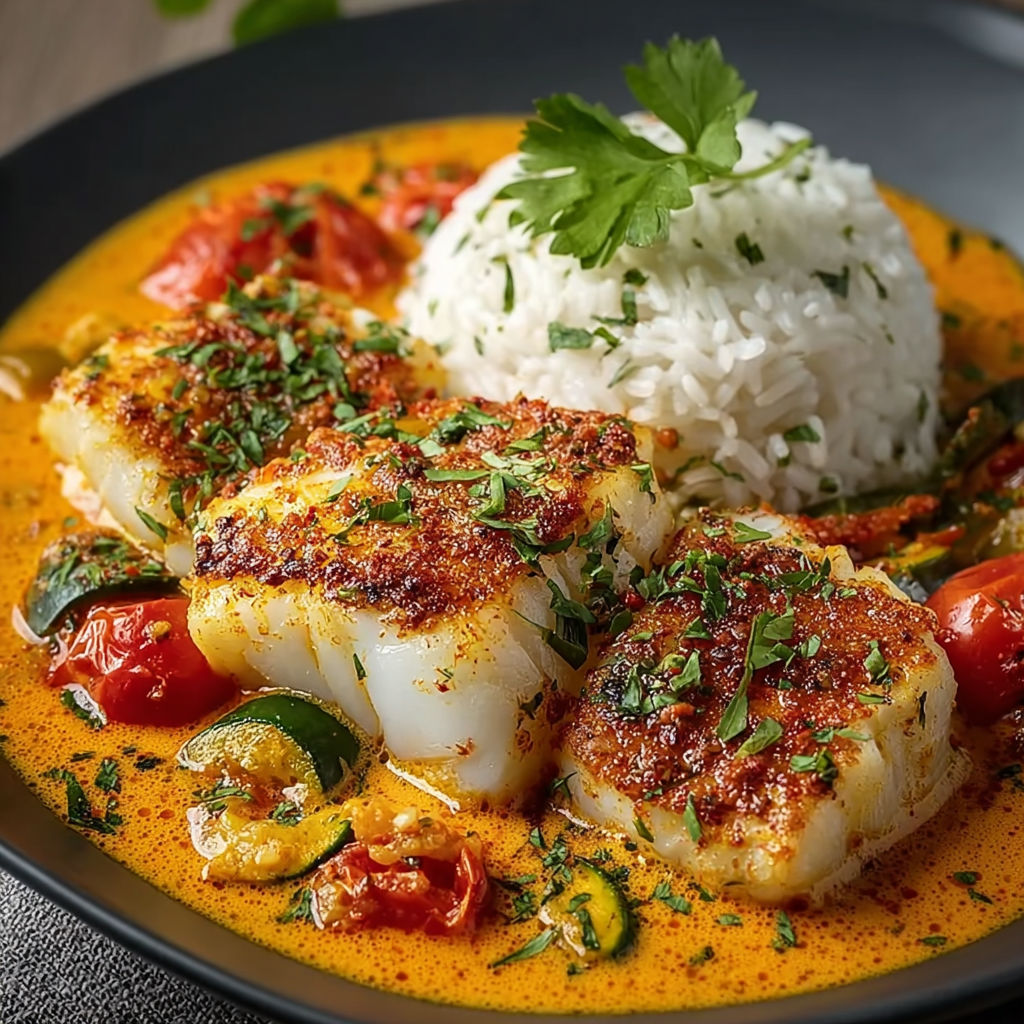 Colombo de cabillaud à ma façon, une recette de cuisine qui combine des ingrédients tels que des tomates, des épinards, des herbes et des légumes pour créer une soupe épicée et savoureuse.