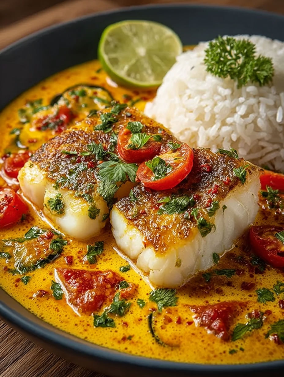 Un poisson grillé avec des tomates et des herbes dans une sauce épicée.