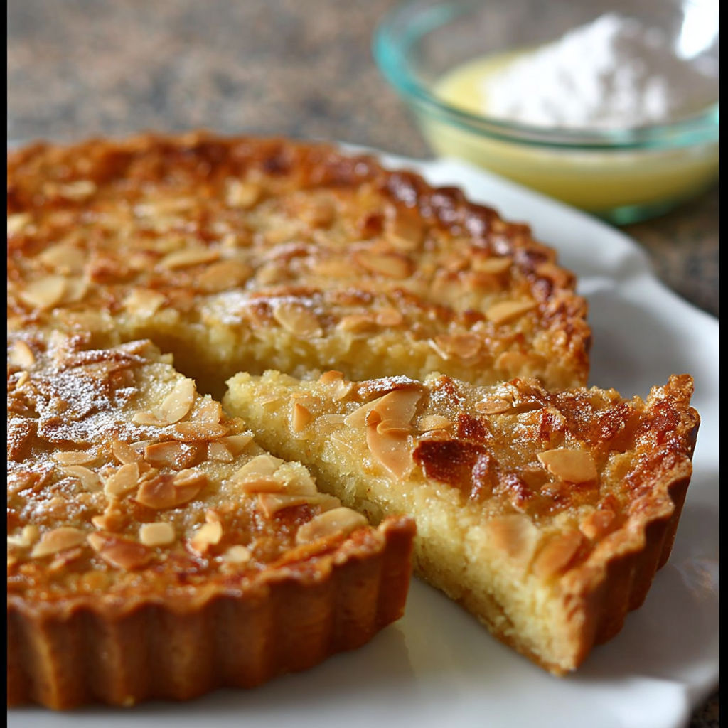 Une tranche de grimolle aux pommes sur un plateau.
