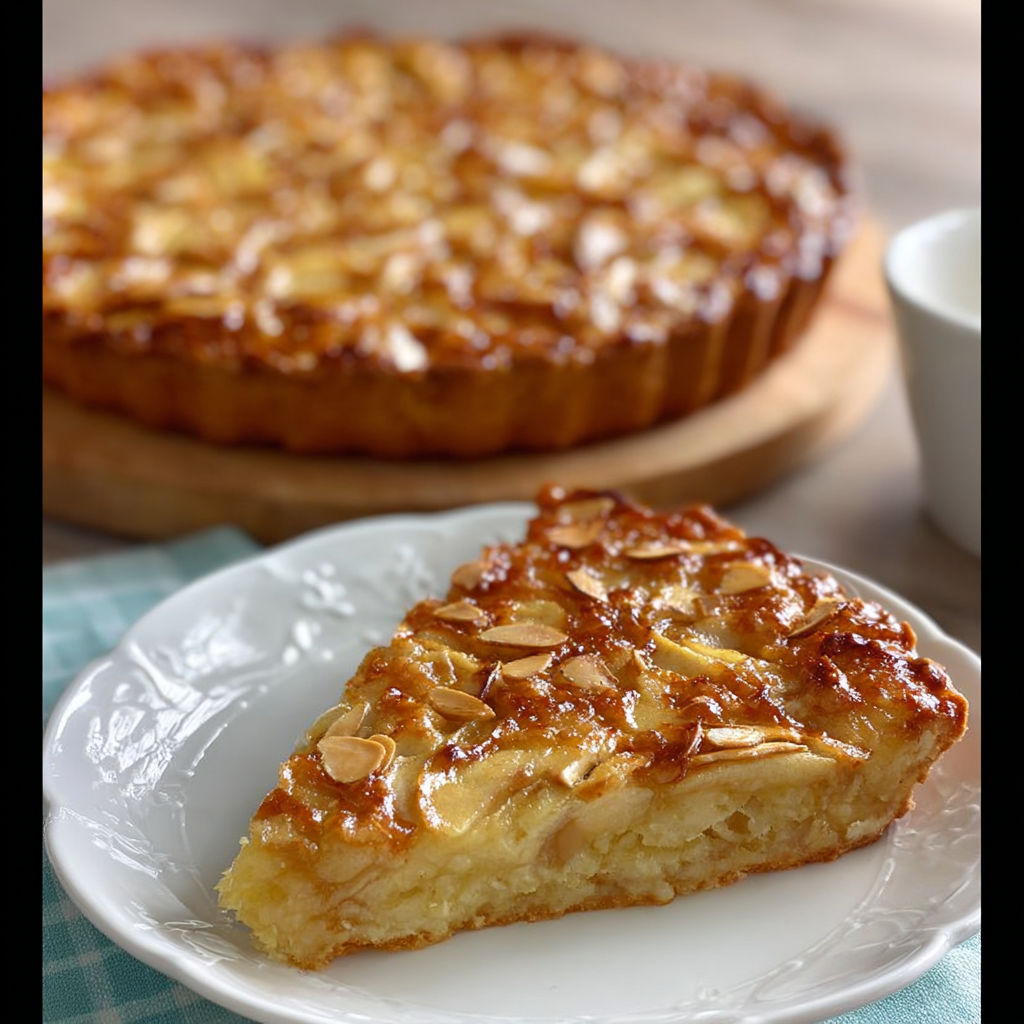 Une tarte aux pêches et amandes, servie sur un plateau en verre.