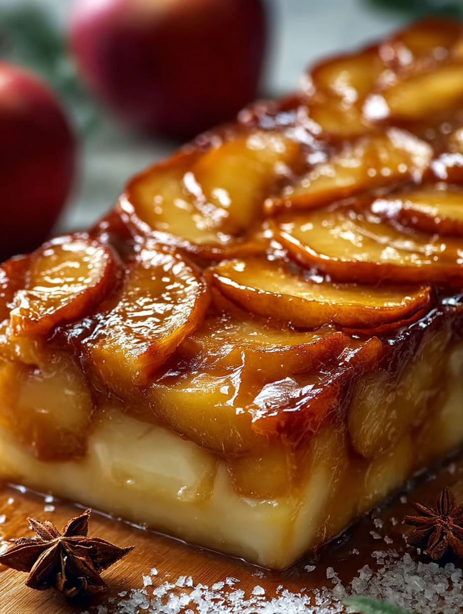 Une tarte aux pommes et au beurre, avec des pommes et des épis de girofle, est servie sur une table.