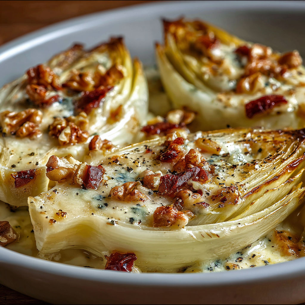 Une recette chic et savoureuse pour redécouvrir l'endive : Gratin d'endives au Roquefort et noix.